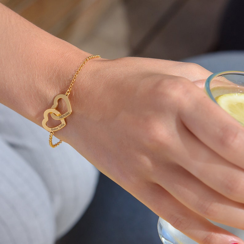 Custom Engraved Interlocking Adjustable Two Hearts Women's Bracelet